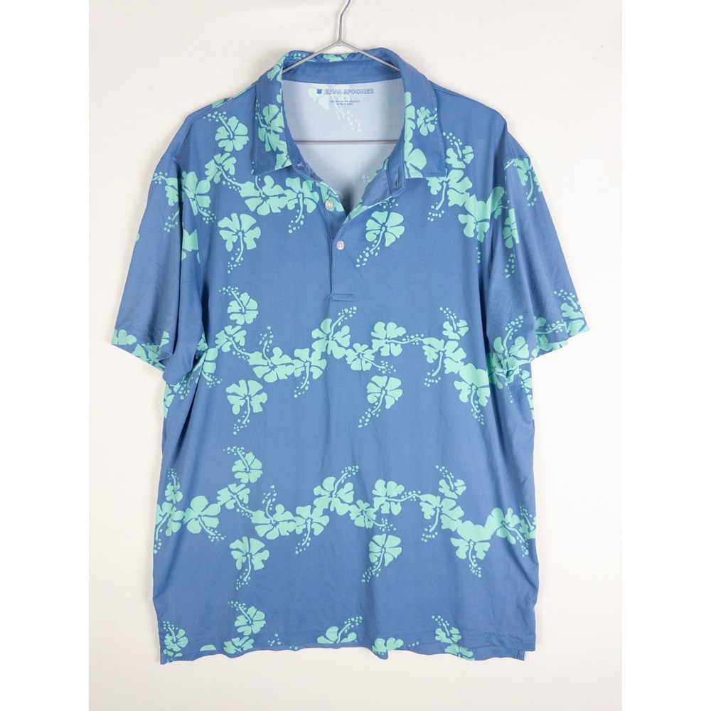 Reyn Spooner Mens L Blue Green Hibiscus Lei Print Performance Golf Polo Shirt